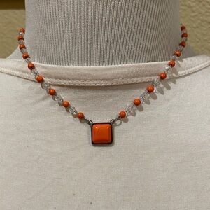 Vibrant Orange Beaded Necklace with Square Pendant